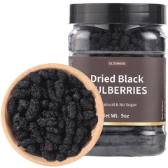 ULTHMOK front packaging showing 9 oz bag and natural dried mulberries, ideal pantry staple