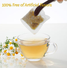 ULTHMOK close-up of a single tea bag showing whole chamomile flowers