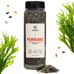 Umino furikake XL front tub showing label and size, highlighting convenience