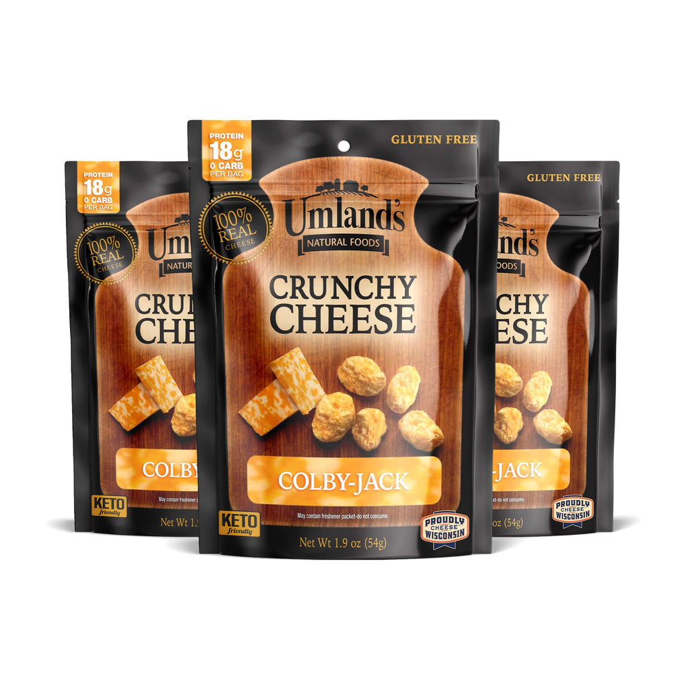 Umland's front packaging showing Colby-Jack snack and branding benefit portable convenience