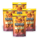 UNBOUND pack front view showing resealable bag and buttery toffee walnuts