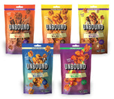 UNBOUND front packaging showing five flavored 4 oz walnut bags, convenient variety