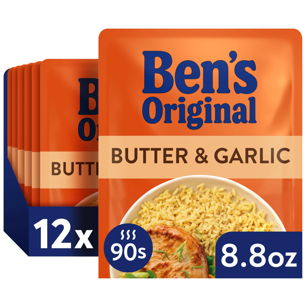 UNCLE BEN'S front packaging showing butter and garlic rice convenience