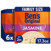 UNCLE BEN'S front packaging showing six family-size jasmine rice pouches for easy meals