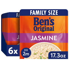 UNCLE BEN'S front packaging showing six family-size jasmine rice pouches for easy meals
