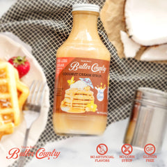 Uncle Bob's Butter Country syrup poured on pancakes adding tropical flavor and visual appeal