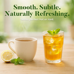 Top view brewed cup of Uncle Lee's matcha green tea, clear color and aroma