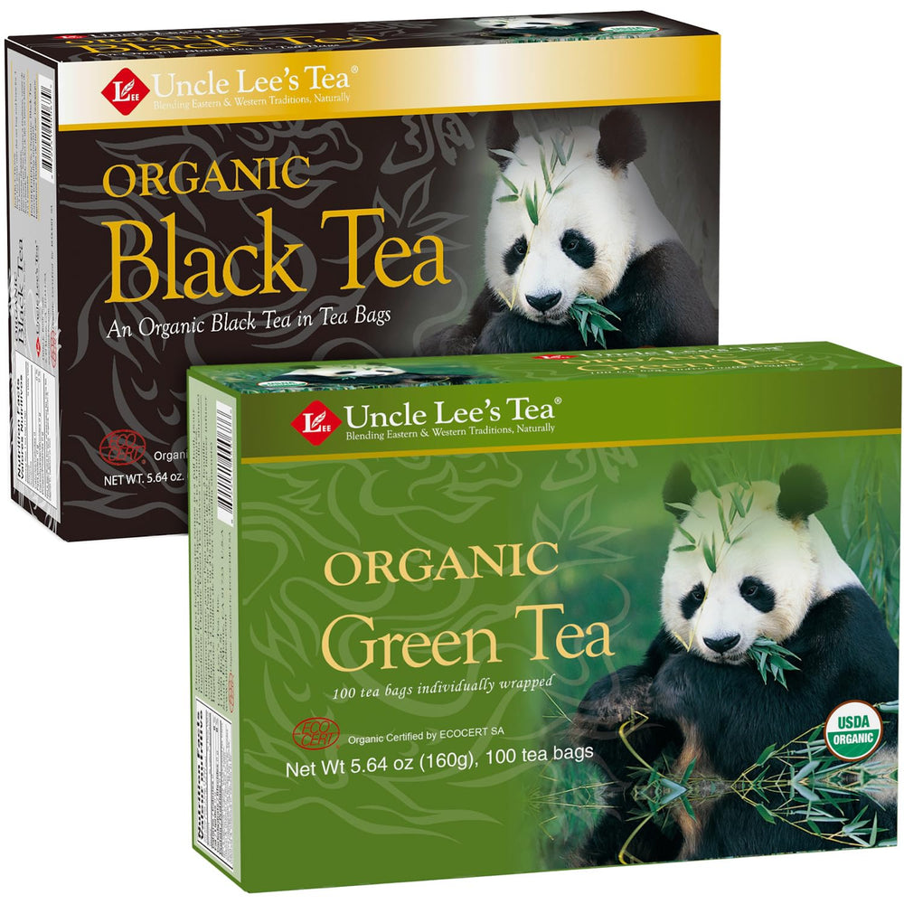 Uncle Lee's front packaging showing both organic tea cartons and benefits