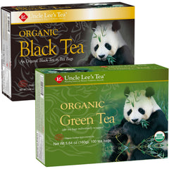 Uncle Lee's front packaging showing both organic tea cartons and benefits