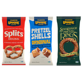 Unique Snacks front packaging showing three pretzel varieties and clear labeling for quick choice