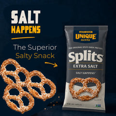 Unique Snacks side profile texture of pretzel, demonstrates crisp bite and salt coverage