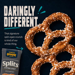 Unique Snacks close-up of split-open pretzel knot, shows crunchy hollows and salt