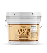 Unpretentious 9 Grain Flour front packaging showing product and weight benefit