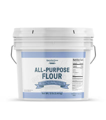 Unpretentious front-of-bucket showing label and resealable lid for convenient storage