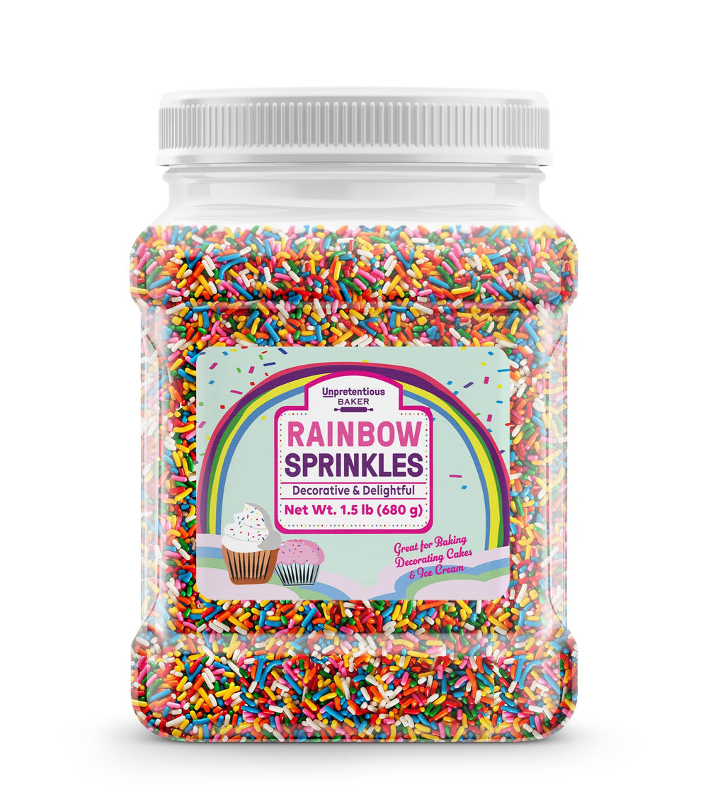 Unpretentious front packaging showing the reusable container and colorful sprinkles for quick decorating
