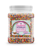 Unpretentious front packaging showing the reusable container and colorful sprinkles for quick decorating