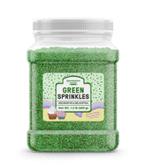 Unpretentious green sprinkles jar front view shows label and resealable lid benefit