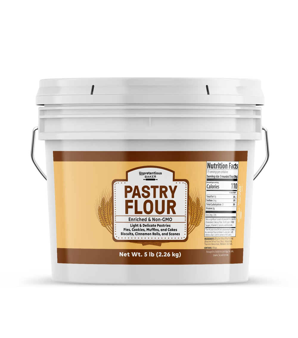 Unpretentious pastry flour front packaging showing weight and use benefits