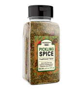 Unpretentious pickling spice front packaging showing label and two-cup size for pantry convenience