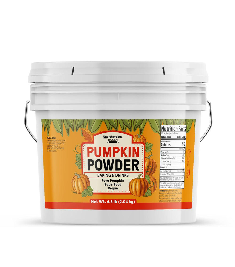 Unpretentious pumpkin powder front of pack showing weight and packaging benefit