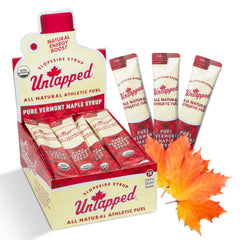 UnTapped front box packaging showing organic maple syrup packets for convenient energy
