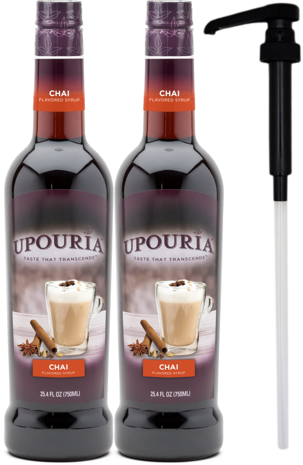 UPOURIA front packaging showing two 750ml chai syrup bottles and pump for convenient use