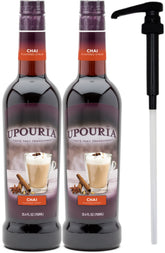 UPOURIA front packaging showing two 750ml chai syrup bottles and pump for convenient use