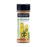 Urban Accents front packaging of Southwestern Corn on the Cob seasoning showing label and jar, highlights convenience