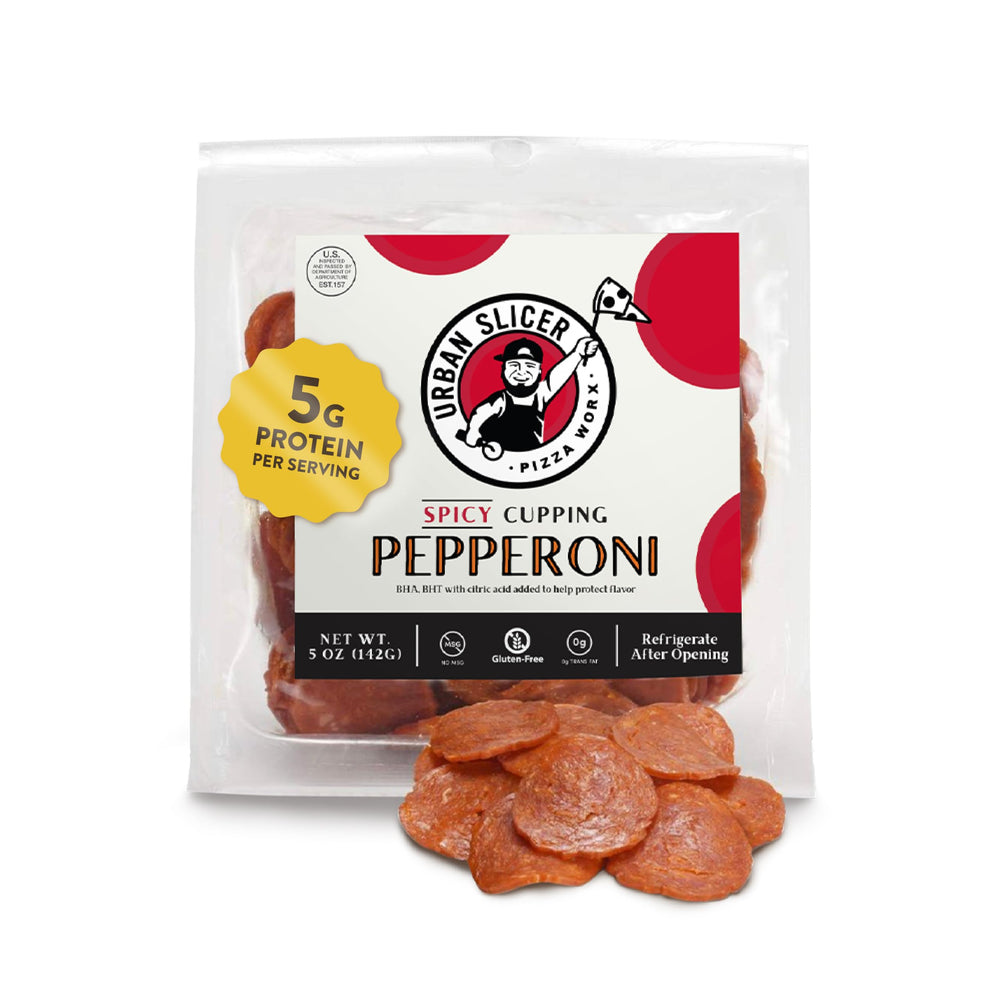 Urban Slicer front packaging showing 5 oz spicy cupping pepperoni for easy use