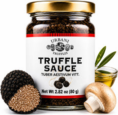 Urbani Truffles front jar view showing premium truffle sauce and serving suggestion