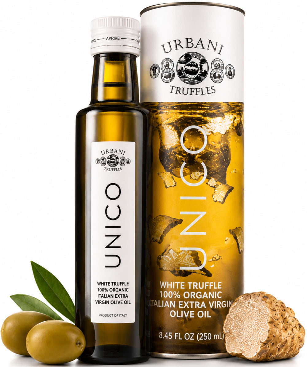Urbani Truffles front bottle showing organic label and elegant design benefits gourmet presentation