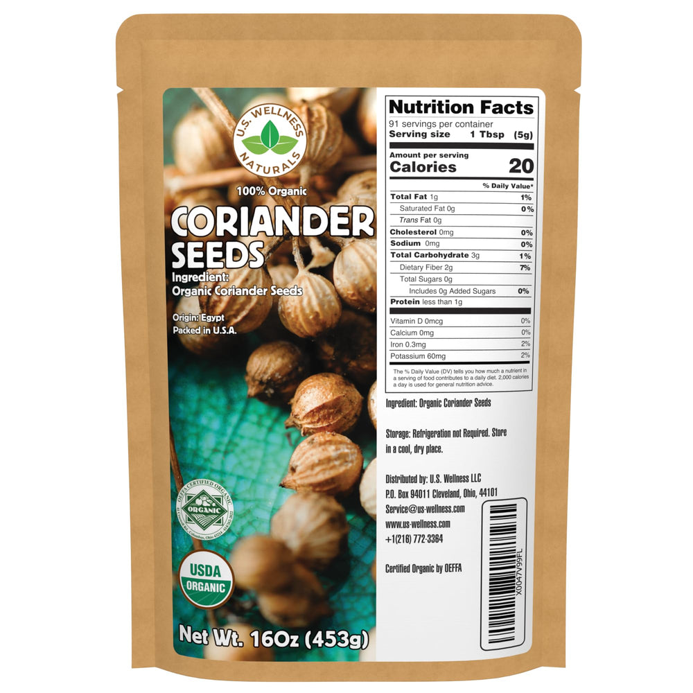 U.S. Wellness Naturals front packaging showing 16 oz organic coriander seeds and resealable bag benefit