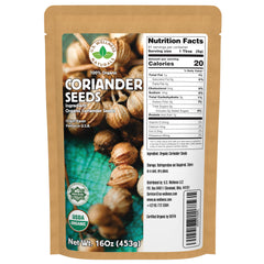 U.S. Wellness Naturals front packaging showing 16 oz organic coriander seeds and resealable bag benefit