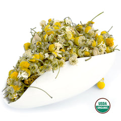 U.S. Wellness Naturals open pouch displaying loose chamomile flowers for easy portioning