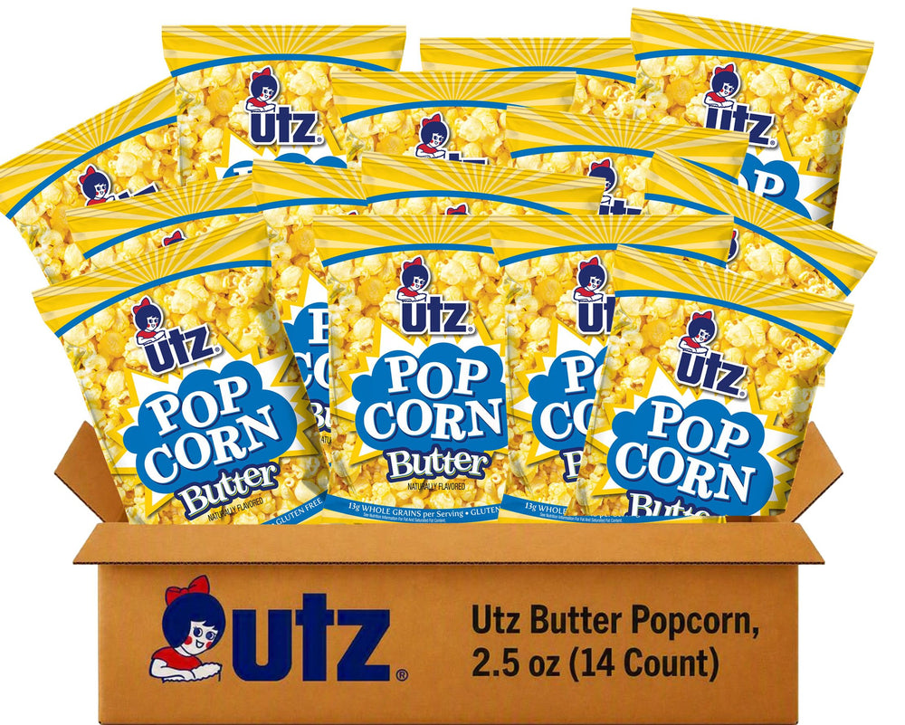 Utz front box showing 14-count butter popcorn bags and easy storage benefit