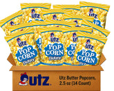 Utz front box showing 14-count butter popcorn bags and easy storage benefit