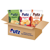 Utz front packaging of three family-size bags showing variety and convenience