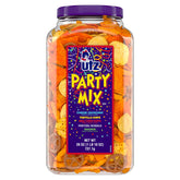 utz party mix barrel front view showing colorful label and serving suggestion