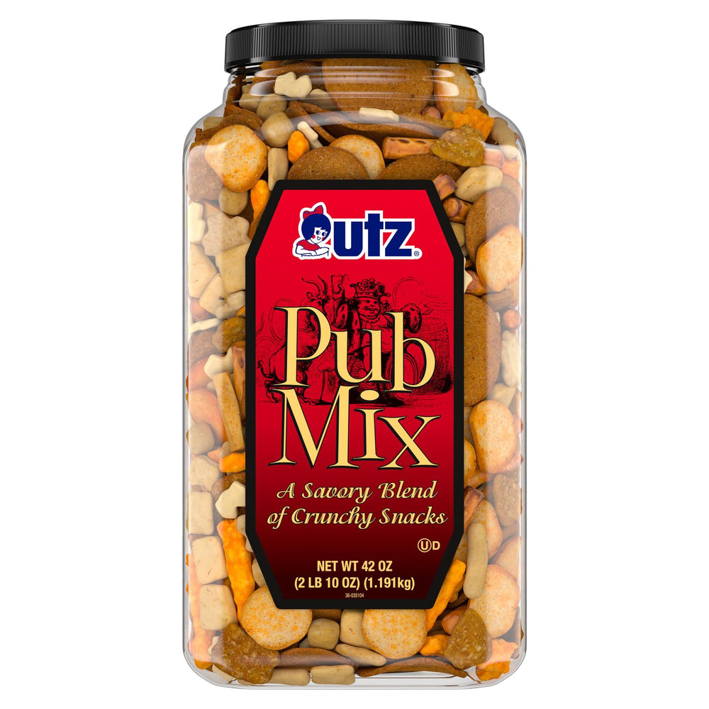 Utz pub mix front barrel showing label and serving size, convenient bulk snack