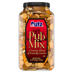 Utz pub mix front barrel showing label and serving size, convenient bulk snack