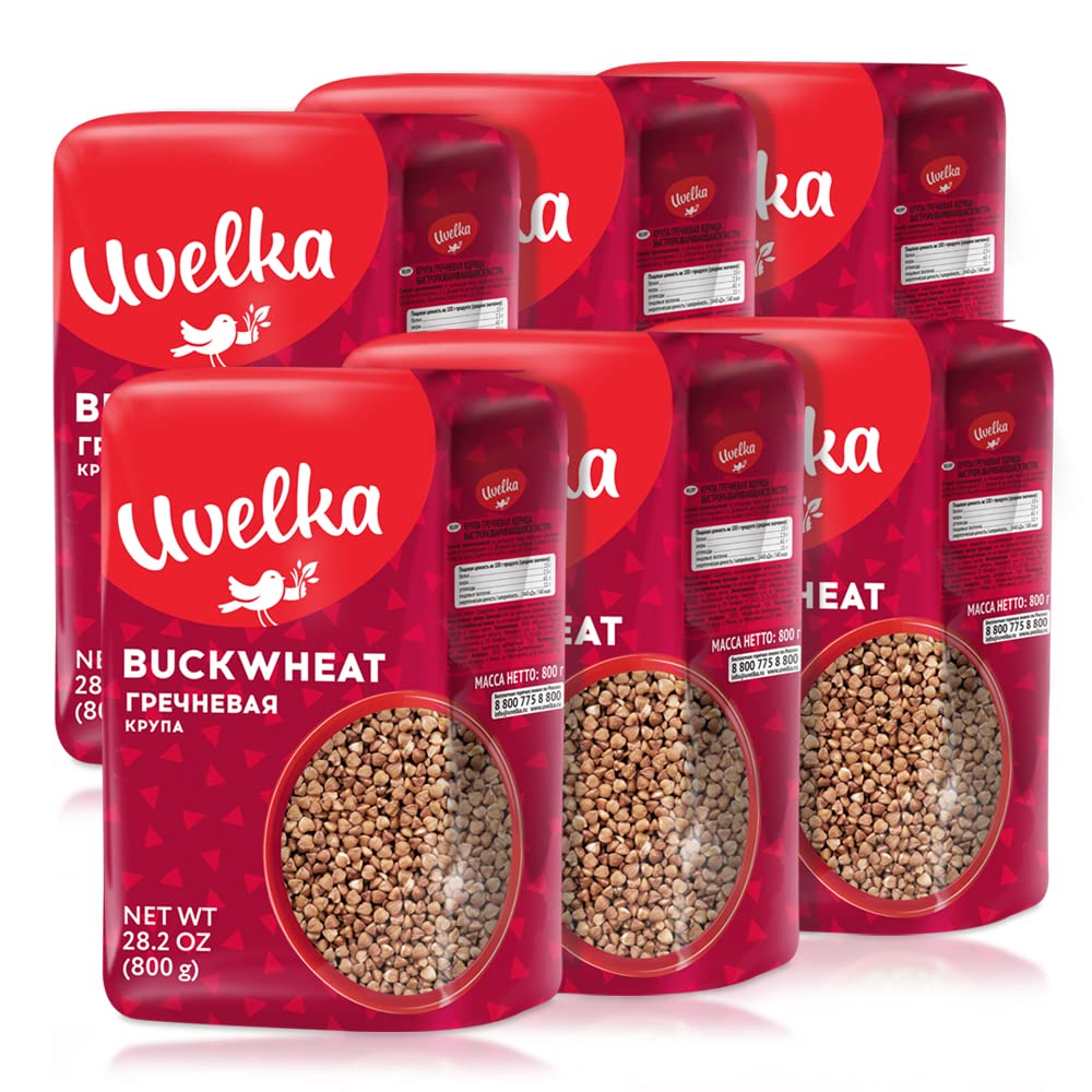 Uvelka front packaging showing six 800 g bags and clear product branding benefits pantry supply