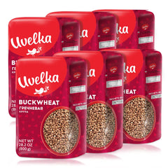 Uvelka front packaging showing six 800 g bags and clear product branding benefits pantry supply
