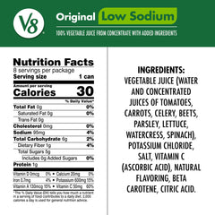 V8 low sodium close-up label highlighting ingredients and low sodium benefit