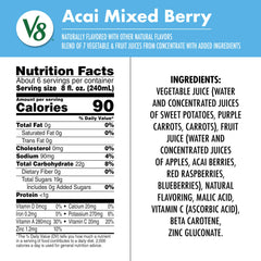 Close-up of V8 Acai Mixed Berry label highlighting ingredients and logo
