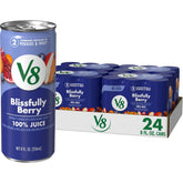 V8 Blissfully Berry pack front showing 24 cans and convenient storage benefit
