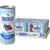 V8 can front view showing blueberry raspberry flavor and clean branding for quick energy