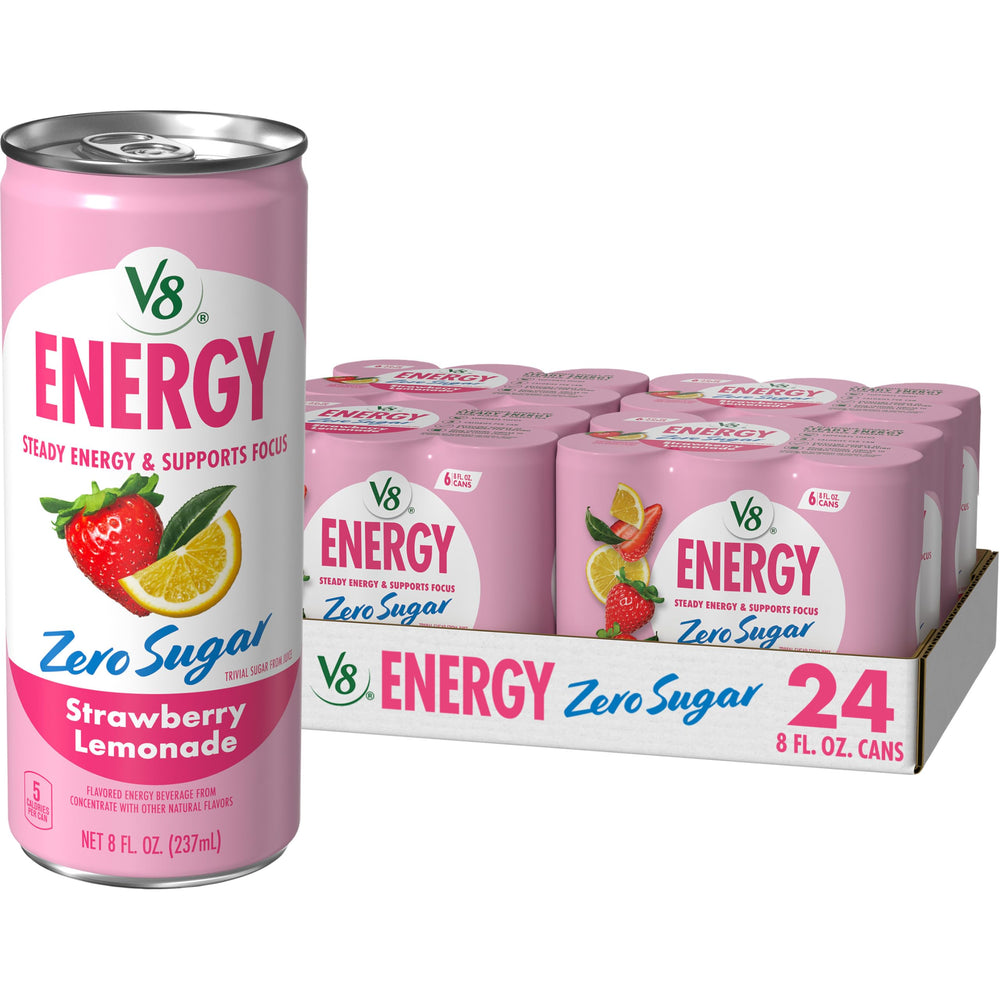 V8 can front view showing strawberry lemonade flavor for refreshing energy