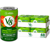 V8 low sodium front packaging showing cans and label benefits