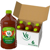 V8 low sodium front packaging showing six 64 fl oz bottles and label benefits