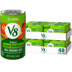V8 low sodium front packaging showing cans and label benefits